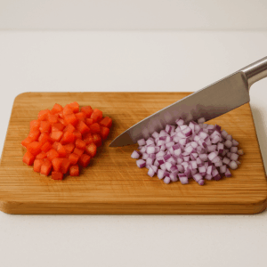 Cebola roxa e tomate picados em cubos pequenos, prontos para o preparo.